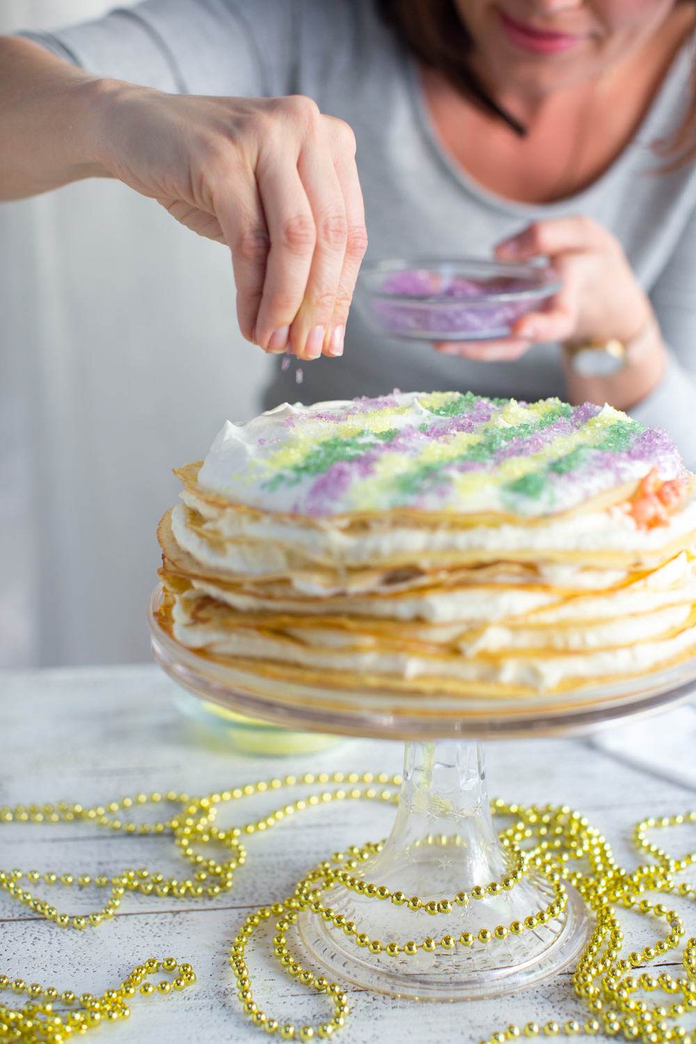 Crepe King Cake - adding sprinkles