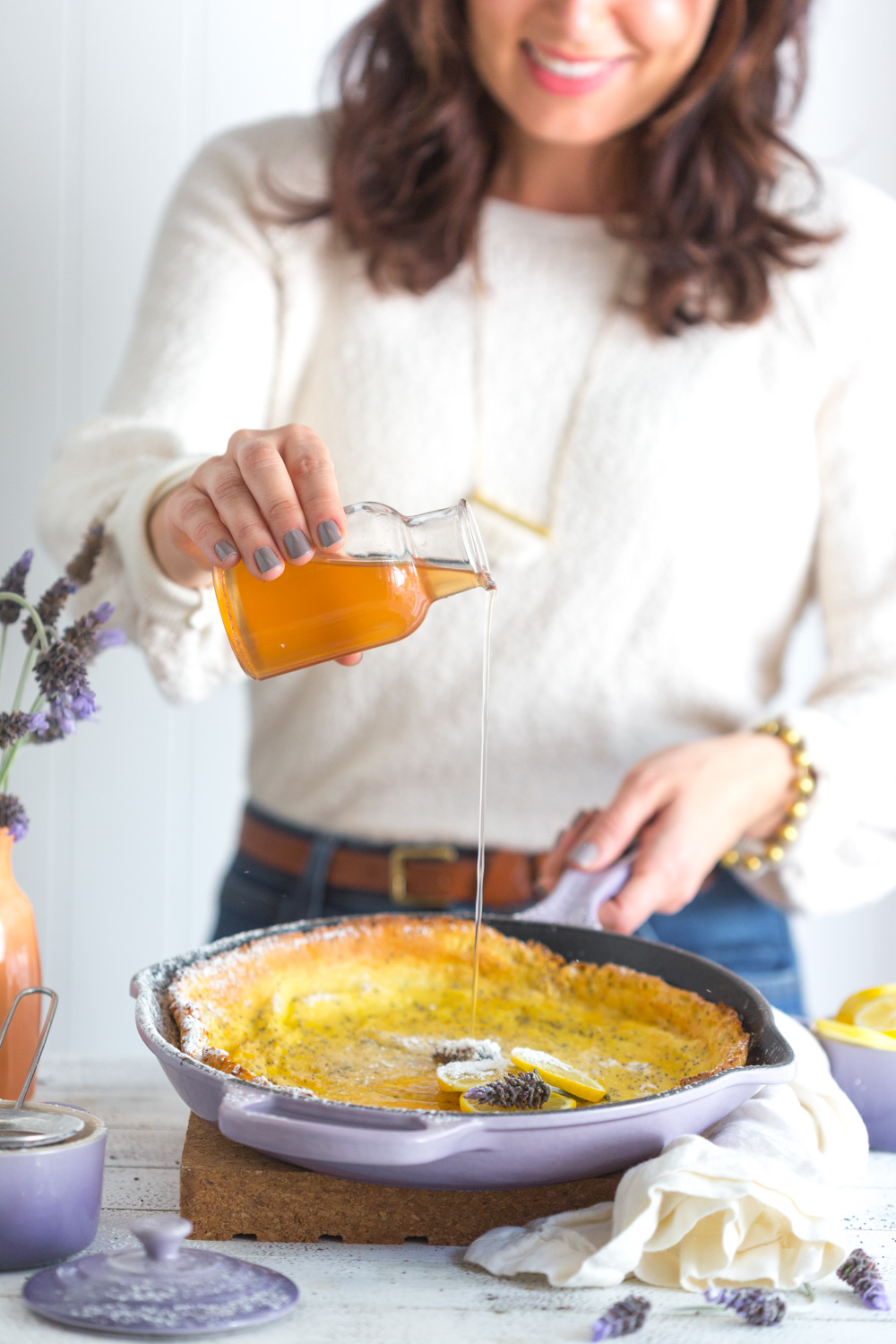 Lemon Poppy Seed German Pancake with Lavender Syrup - pour
