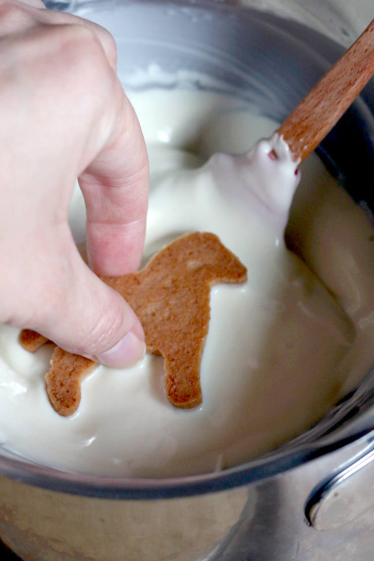 dipping an animal cookie into the melted white chocolate