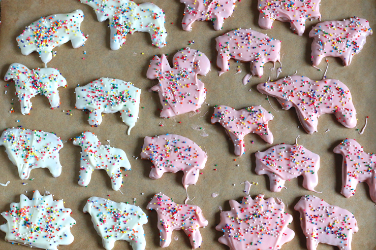 letting the chocolate set on pink and white animal cookies with rainbow sprinkles