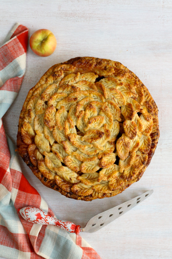 Apple Cheddar Pie with leafy crust