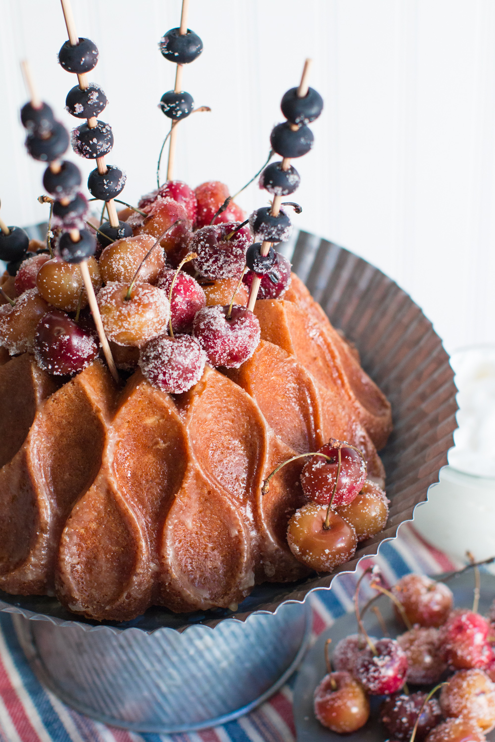 Brown Butter Bourbon Bundt Cake with Grilled Cherries and Blueberry Sparkler Skewers
