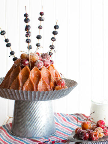 Brown Butter Bourbon Bundt Cake with Grilled Cherries and Blueberry Skewers