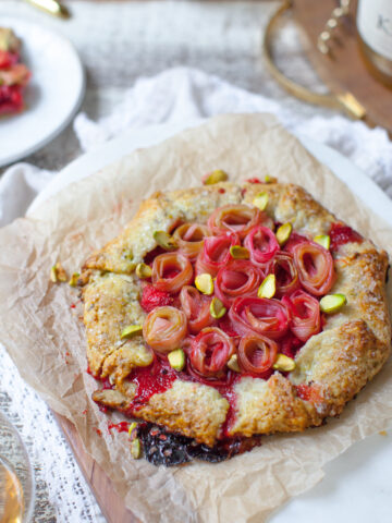 Rhubarb Rose Strawberry Pistachio Galettes, a rustic and refined bouquet for flavor.