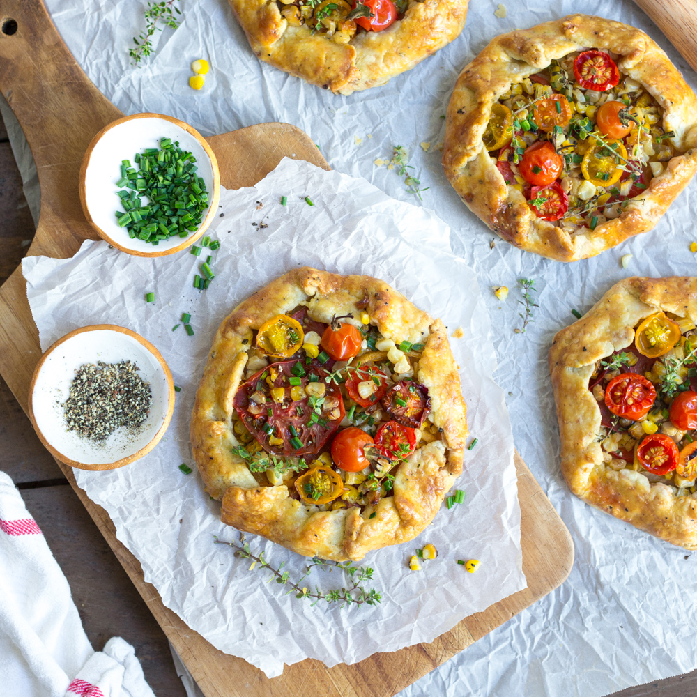 Heirloom Tomato & Grilled Corn Galettes with Cheddar Crust by Baking The Goods.