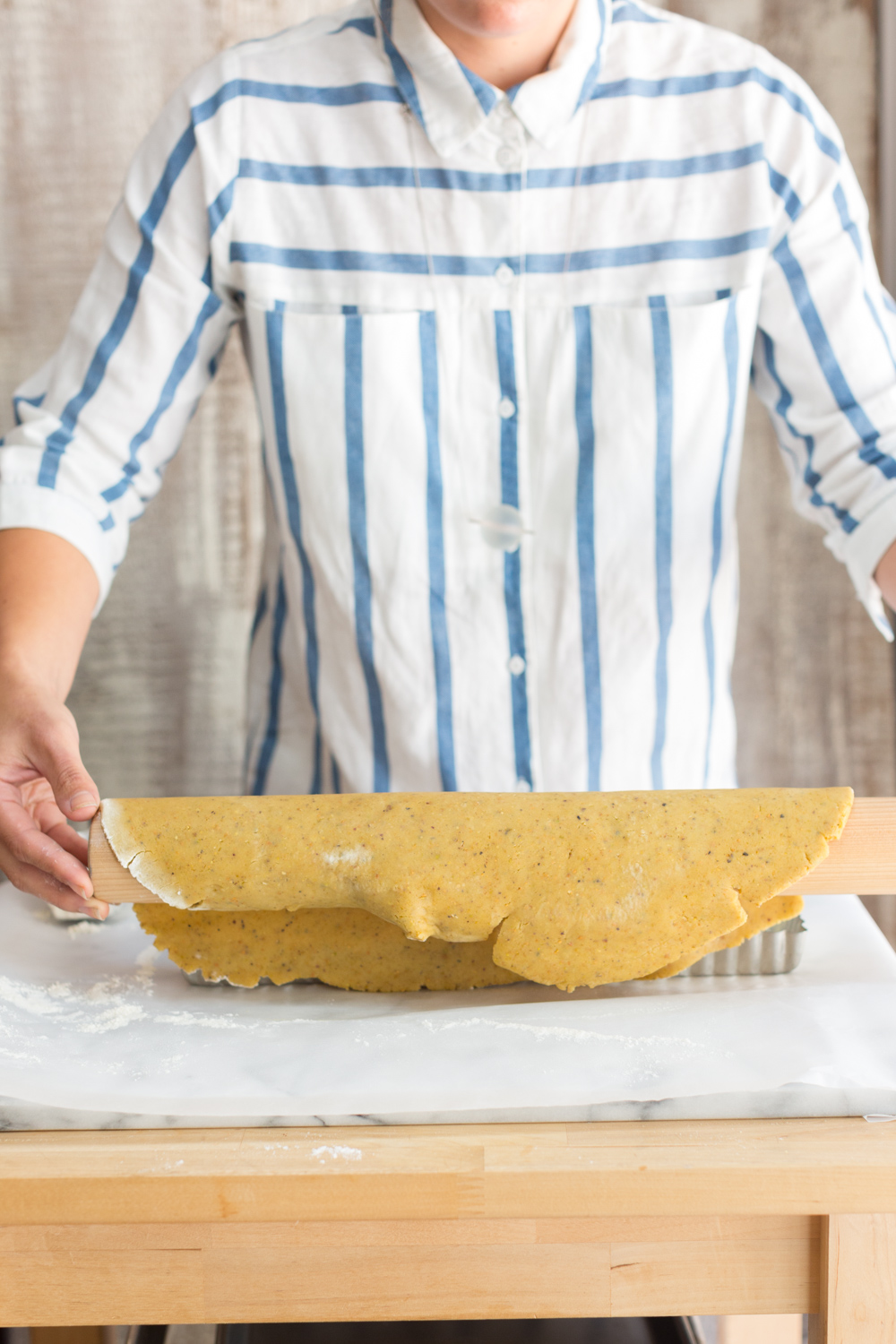 Ricotta & Amarena Cherry Tart with Pistachio Crust unrolling dough