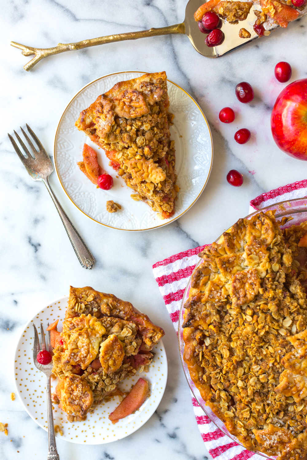 Cranberry Apple Brown Butter Crumble Pie sliced
