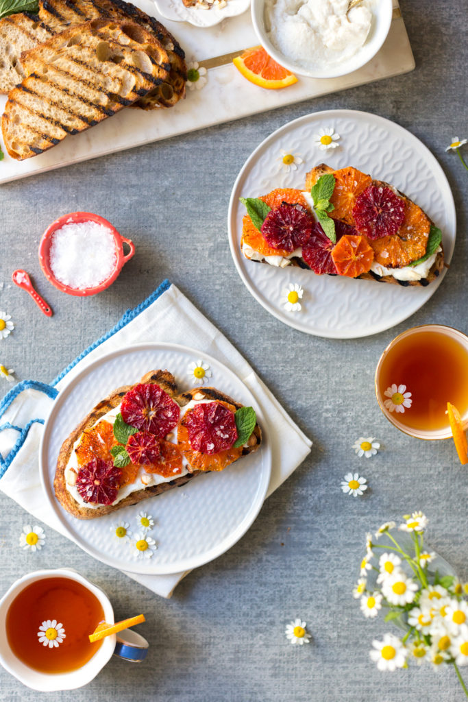 Broiled Orange Whipped Ricotta Toasts with tea
