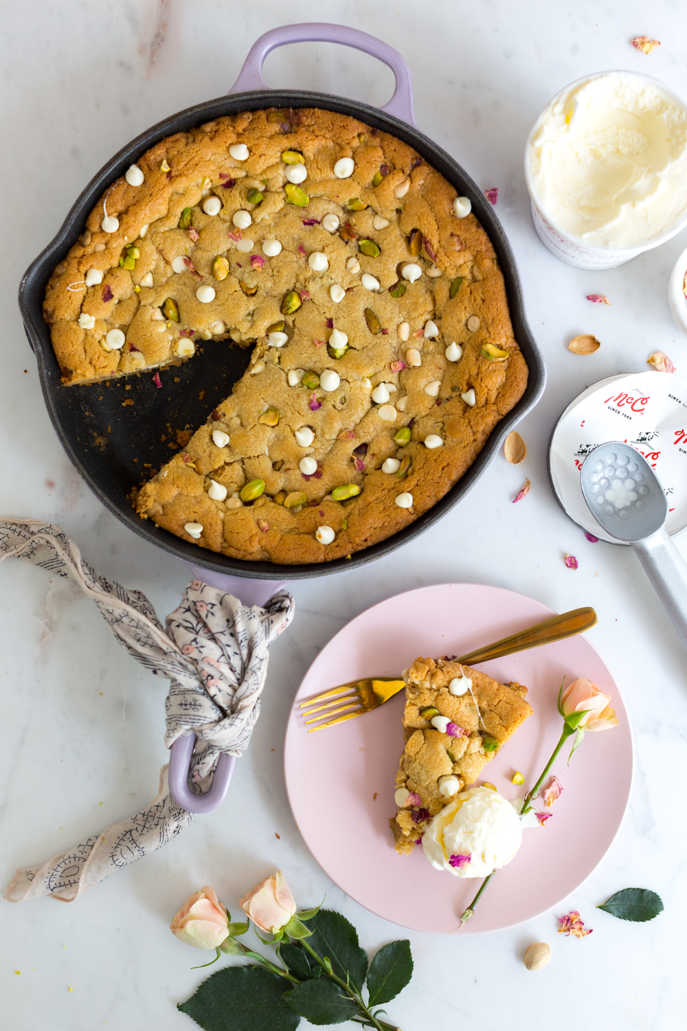 Tahini Pistachio White Chocolate Rose Skillet Cookie with McConnells Ice Cream