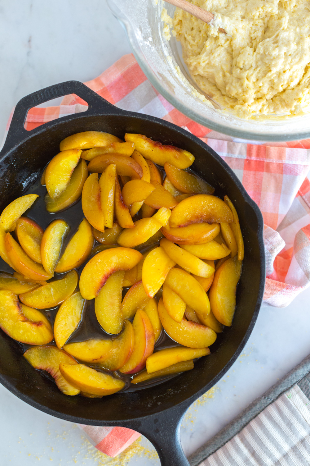 Mixing the Blueberry Peach Cornmeal Skillet Cake