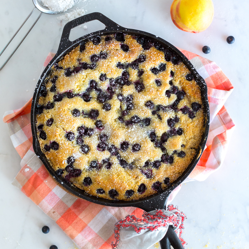 Blueberry Peach Cornmeal Skillet Cake by Baking The Goods