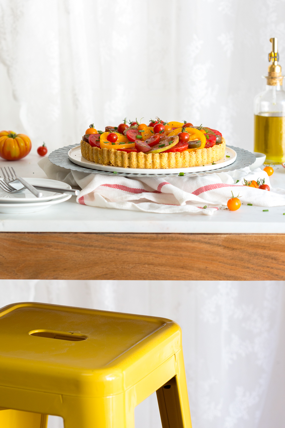 Table set with Heirloom Tomato and Pimento Cheese Tart with Cornmeal Crust