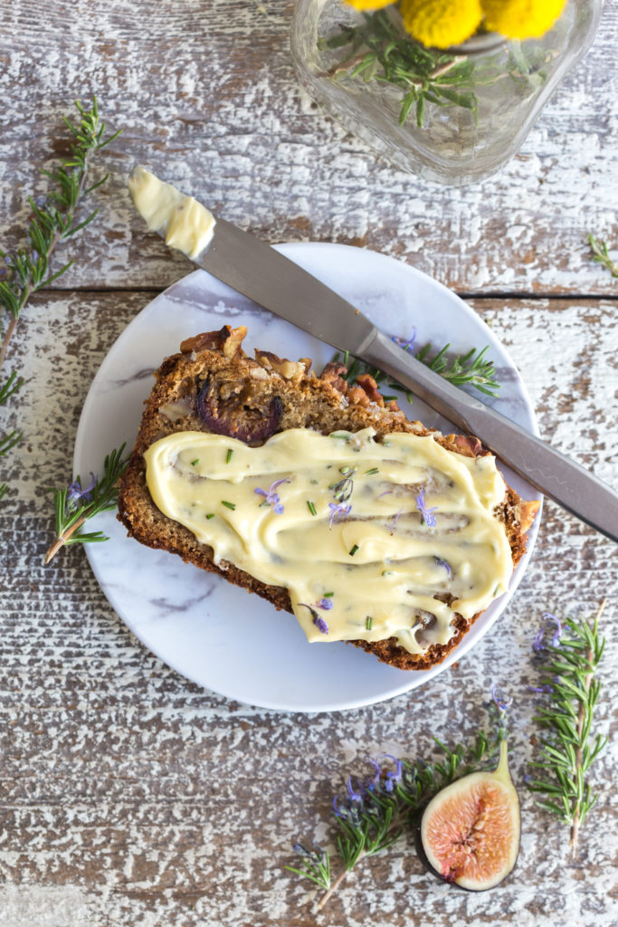 Slice of Caramelized Fig & Walnut Bread with Whipped Rosemary Honey Butter