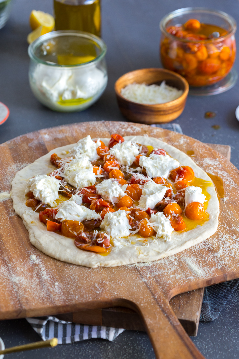 Tomato Confit Burrata and Arugula Pizza - pre baked