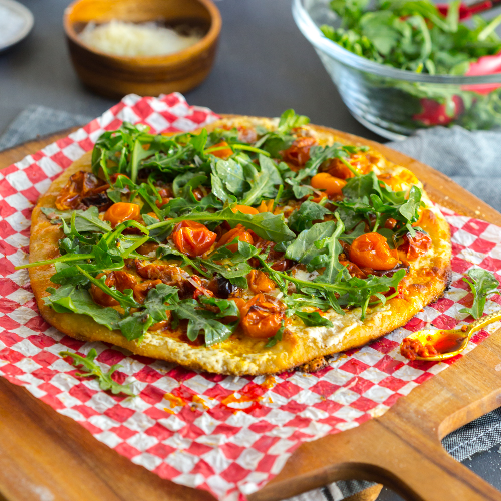 Tomato Confit Burrata and Arugula Pizza by Baking The Goods