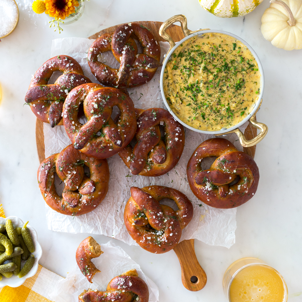 Sheet Pan Pretzel Focaccia with Cheese Sauce Recipe