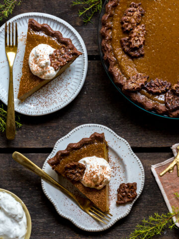 Maple Pumpkin Pie with a Chocolate Crust by Baking The Goods