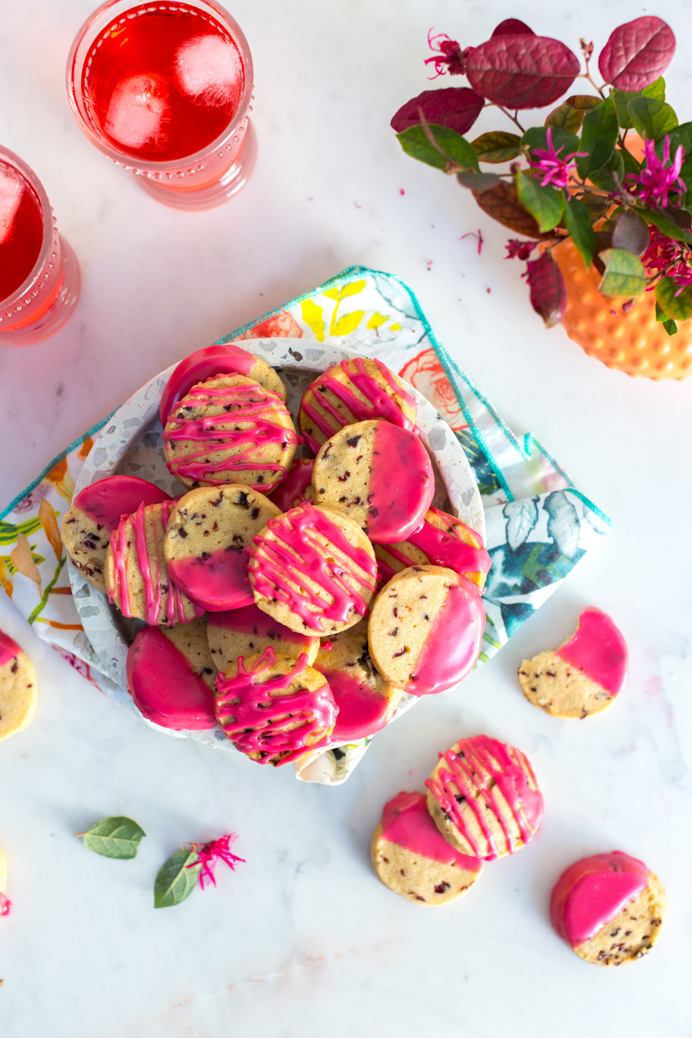 Glazed Hibiscus Shortbread Cookies with tea