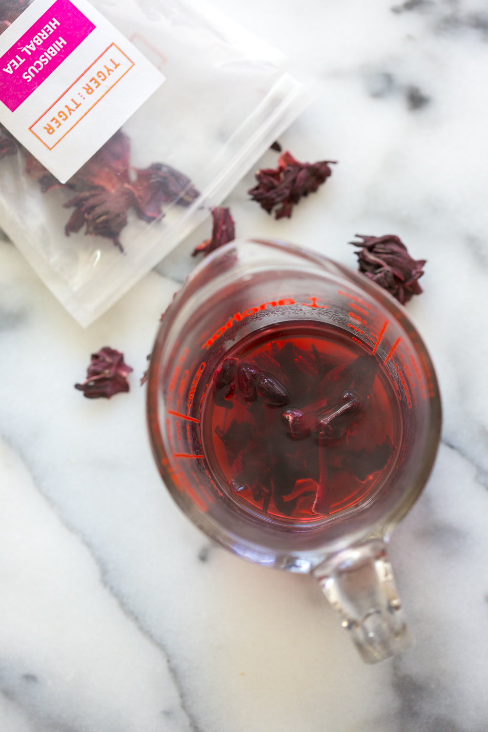 Hibiscus tea steeping for Glazed Hibiscus Shortbread Cookies