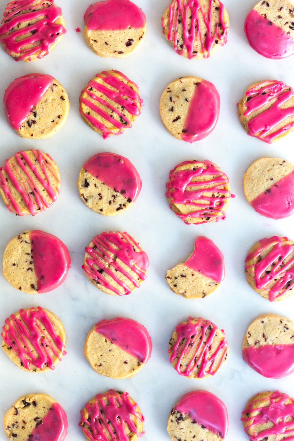 Rows of Glazed Hibiscus Shortbread Cookies