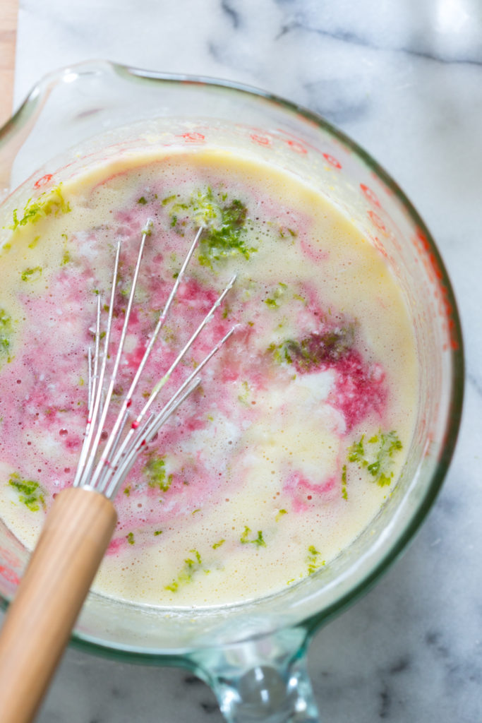 Hibiscus Margarita Bars with Coconut Crust - whisking filling