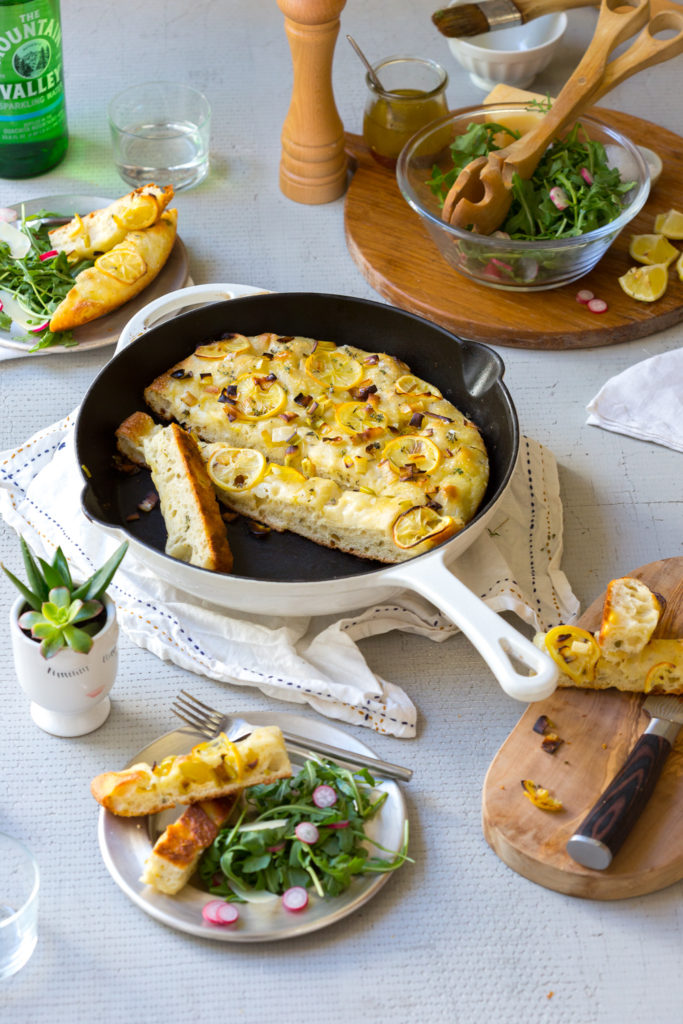 Leek Lemon and Thyme Skillet Focaccia served with simple salad