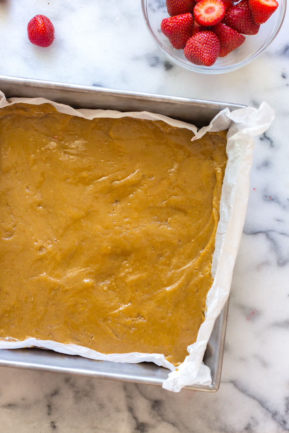 Strawberry Blondies batter in pan