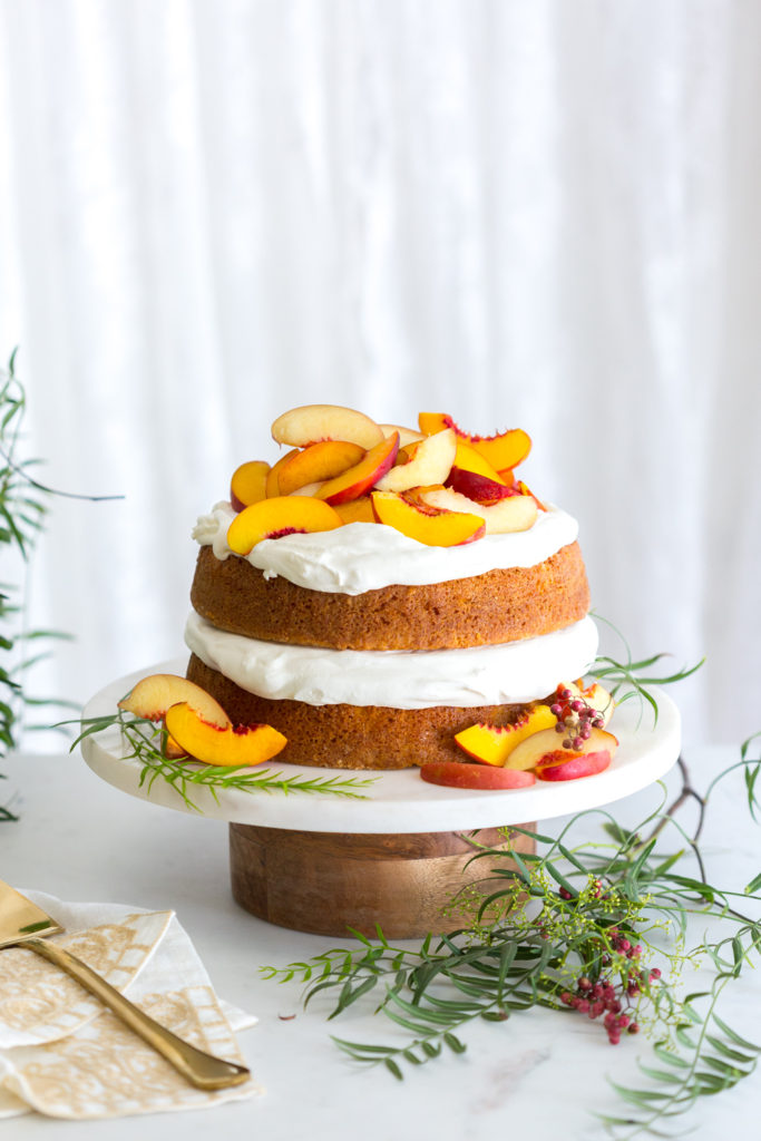 Nectarines and Creme Pink Peppercorn Honey Cake from Baking The Goods