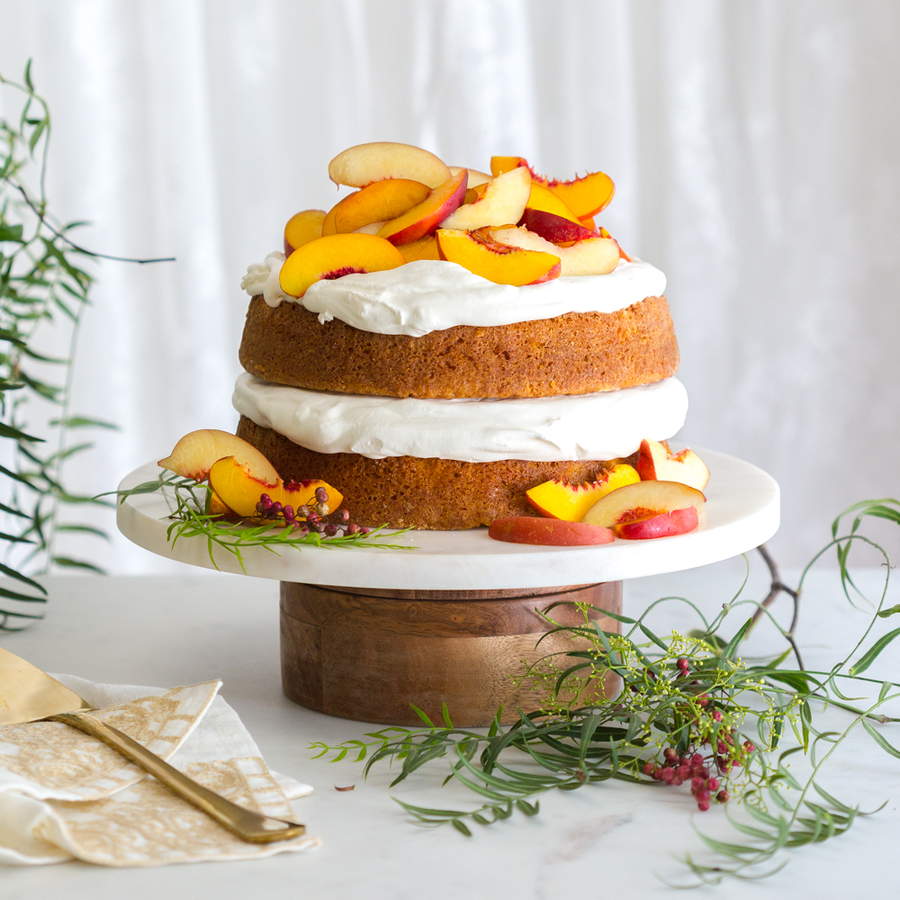 Nectarines and Crème Pink Peppercorn Honey Cake by Baking The Goods