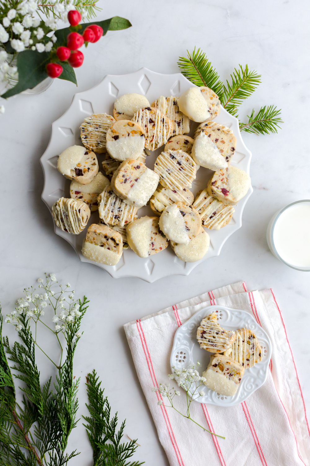 Plate of Cherry Pistachio White Chocolate Shortbread Cookies