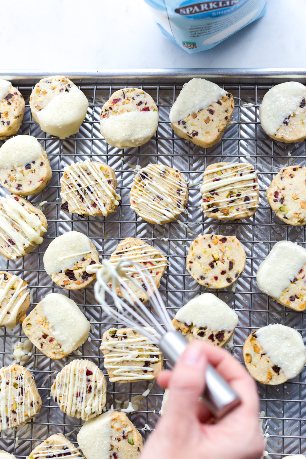 Drizzling Cherry Pistachio and White Chocolate Shortbread Cookies