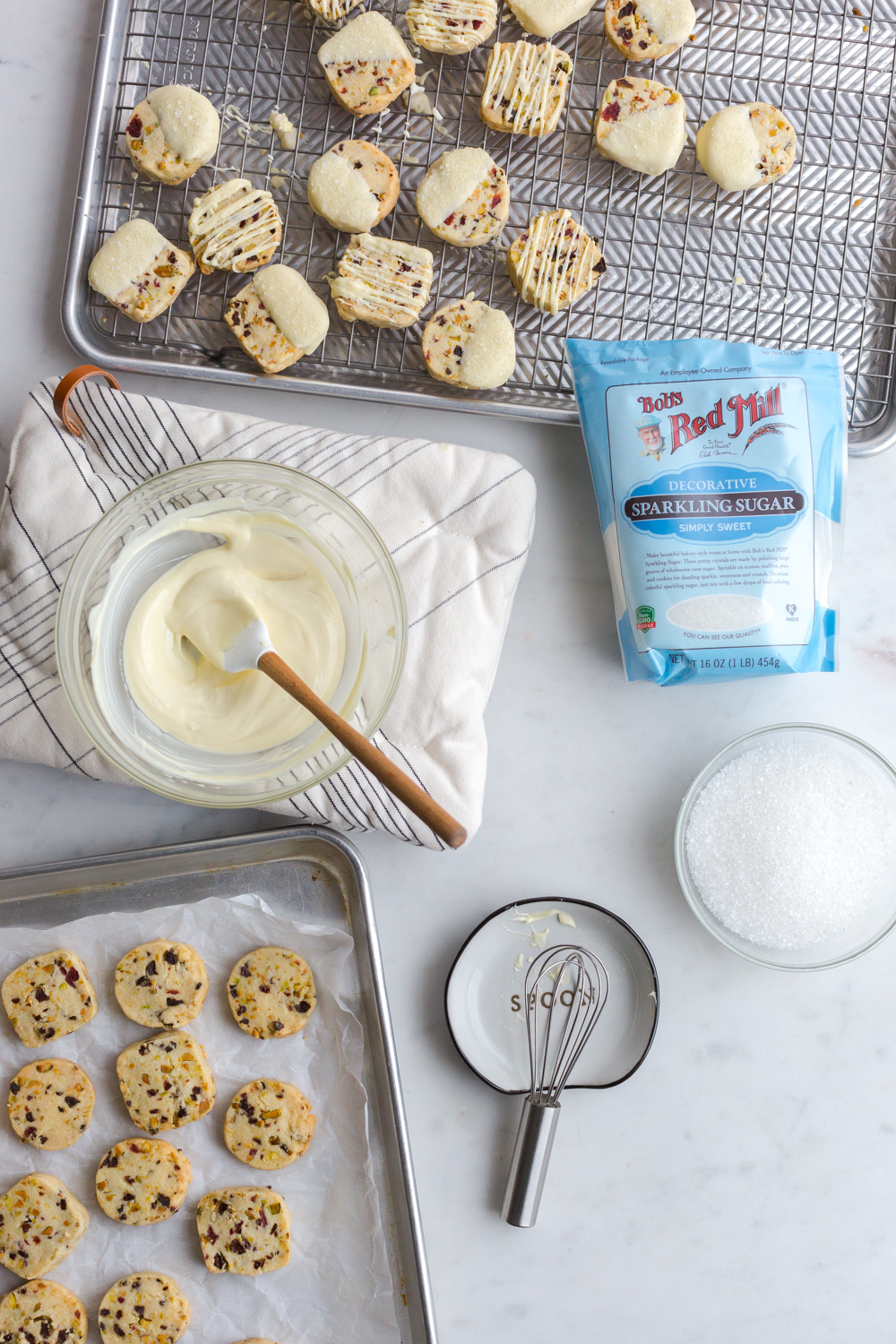 Decorating Cherry Pistachio and White Chocolate Shortbread Cookies