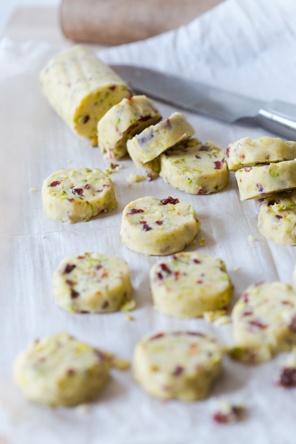 Cherry Pistachio and White Chocolate Shortbread Cookies - slice and bake