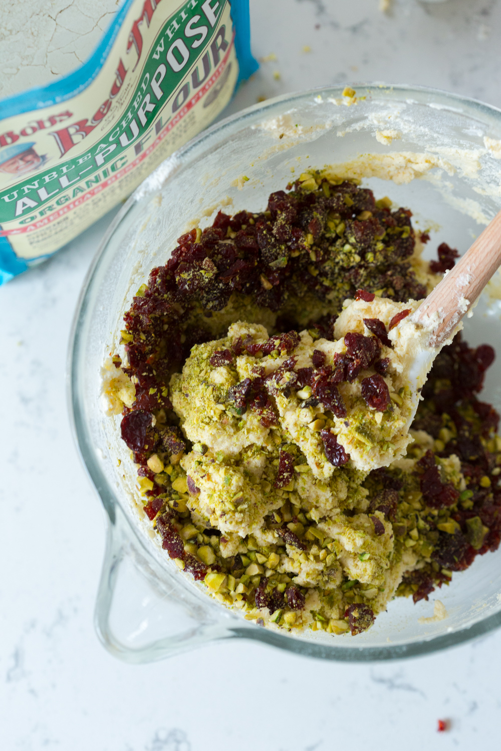 Cherry Pistachio and White Chocolate Shortbread Cookies dough mixing