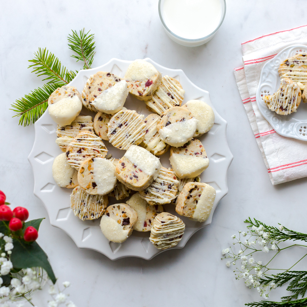 Cherry Pistachio and White Chocolate Shortbread Cookies by Baking The Goods