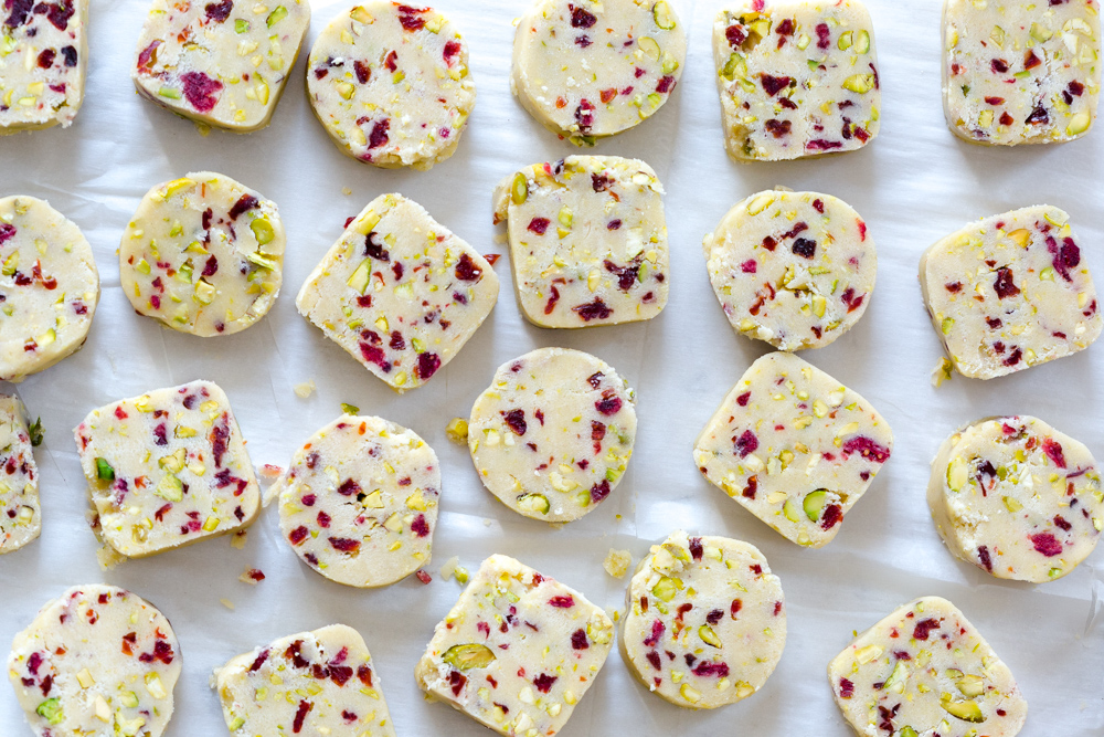 Cherry Pistachio and White Chocolate Shortbread Cookies- pre-baked