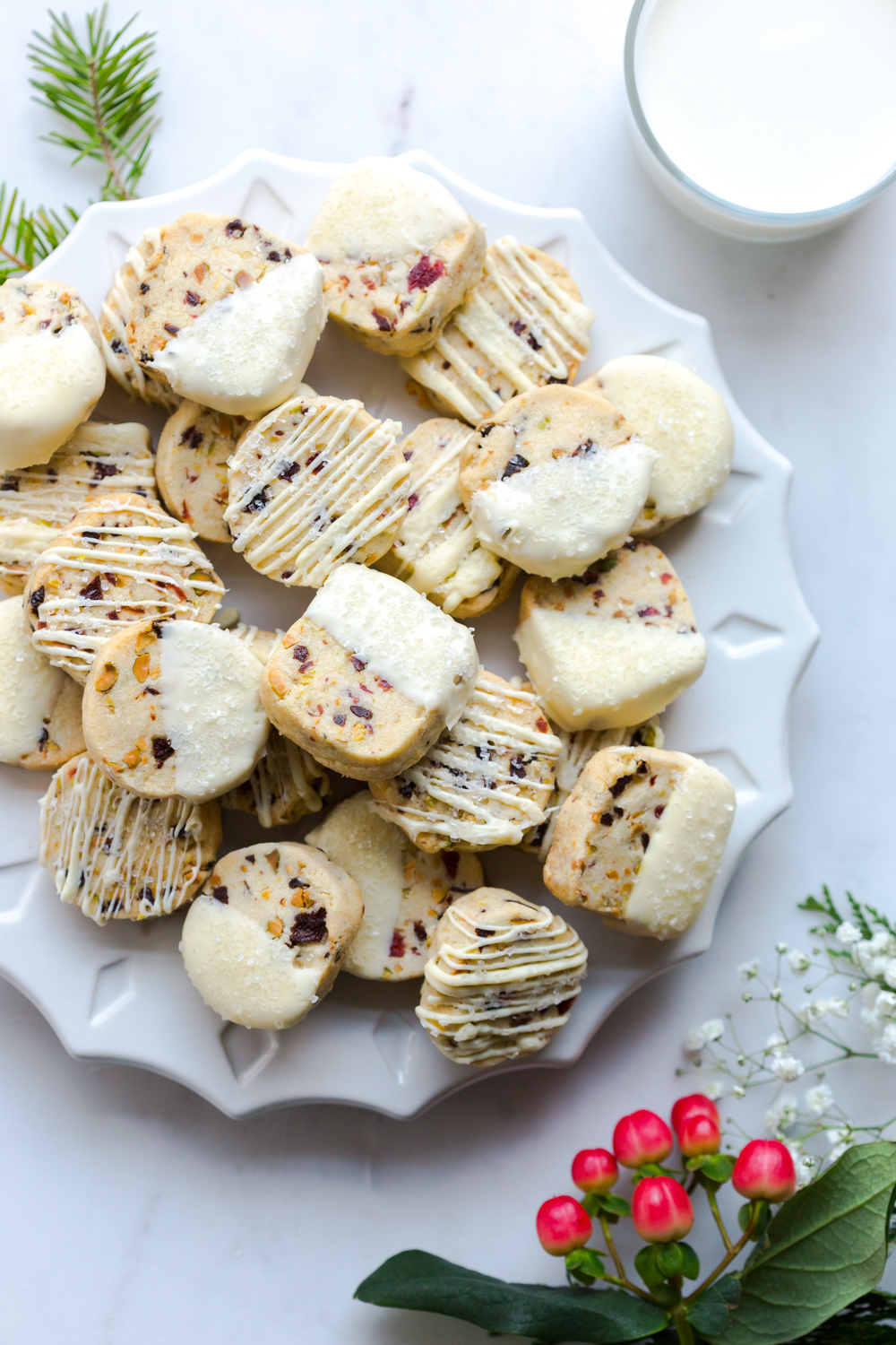 Plateful of Cherry Pistachio and White Chocolate Shortbread Cookies
