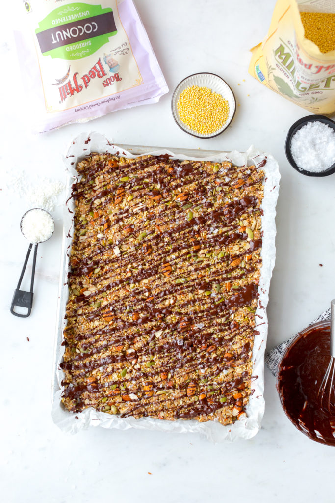 Seedy Almond Oat Bars chocolate drizzle