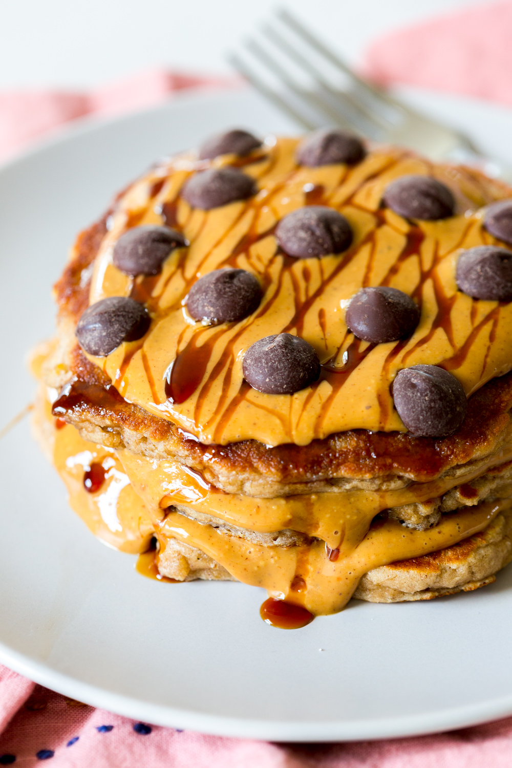 Gluten Free Almond Flour Banana Pancakes with almond butter, Just Date Syrup and dark chocolate chips