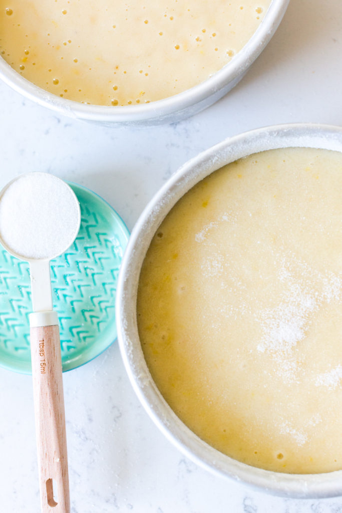 Limoncello Olive Oil Cake batter in pans