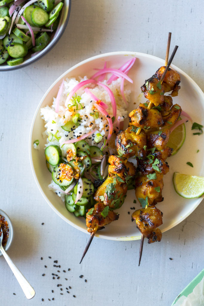 Summery Grilled Ginger Honey Lime Chicken on skewers