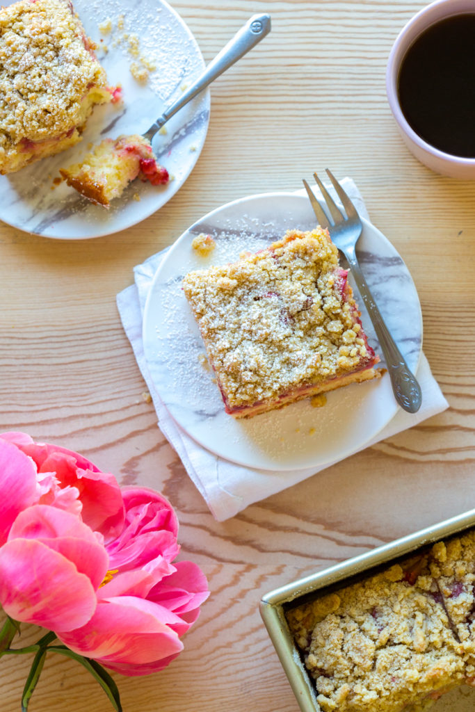 Strawberry Rhubarb Coffee Cake slices