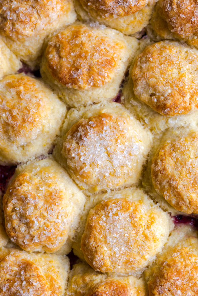 Baby biscuits atop Pear Berry Cobbler