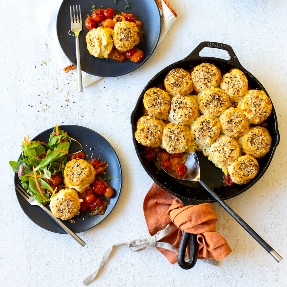 Cherry Tomato Cobbler with Cheddar Everything Biscuits | Baking the Goods