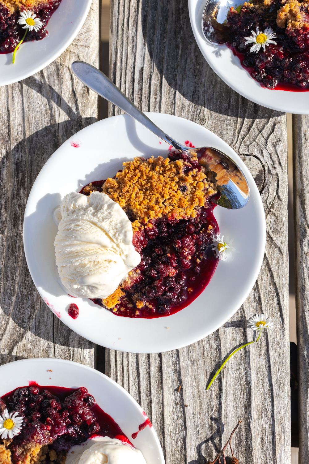 Huckleberry Crumble with scoop of vanilla ice cream