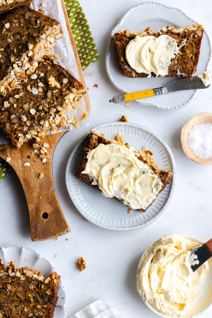 Brown Butter Apple Oat Walnut Bread slathered with Whipped Honey Butter