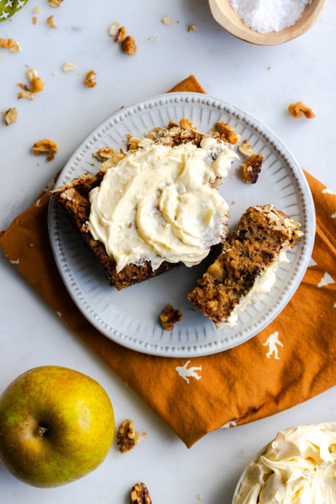 Slice of Brown Butter Apple Oat Walnut Bread with Whipped Honey Butter
