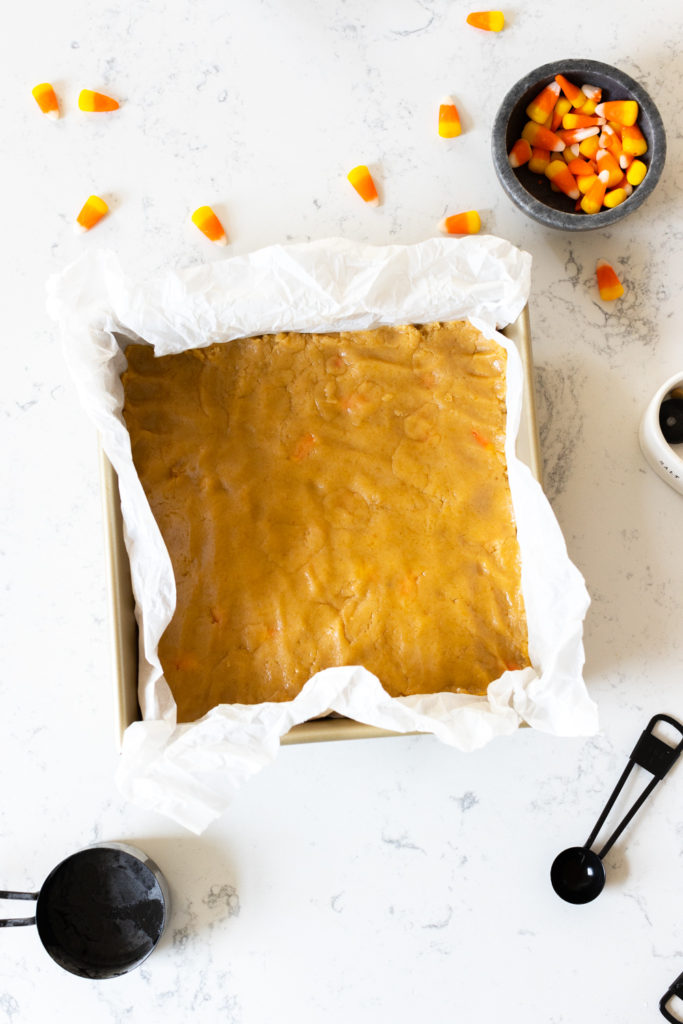 Blondie dough pressed in pan