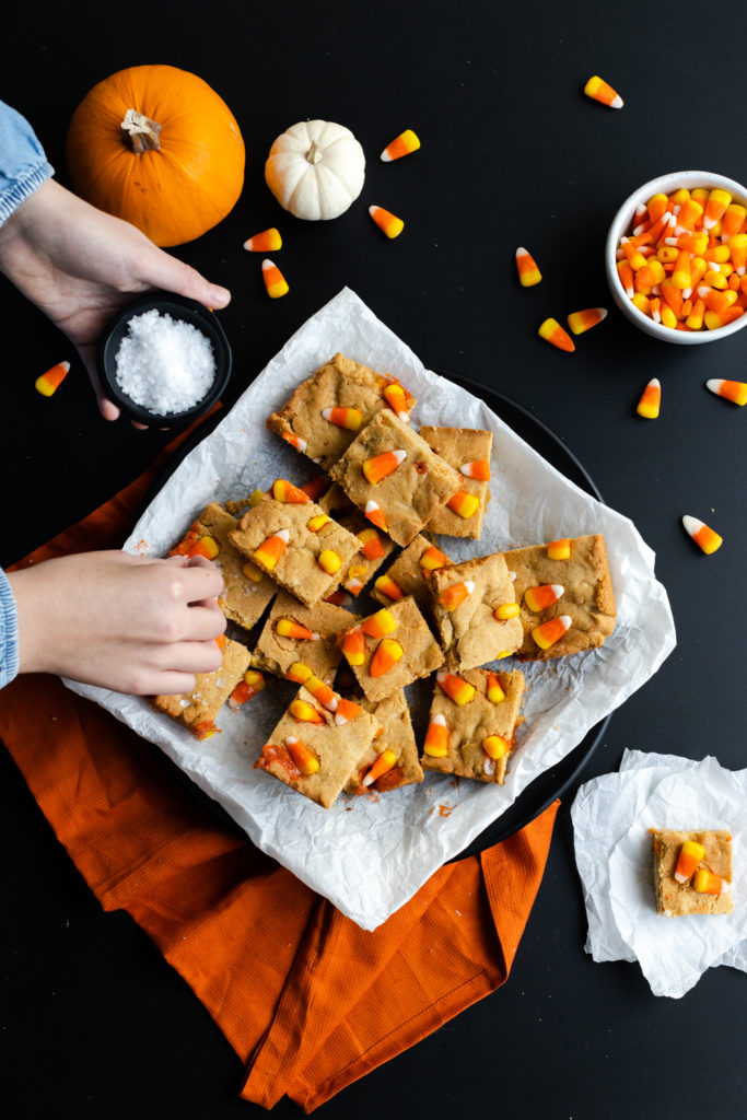 Candy Corn Blondies with sea salt flakes