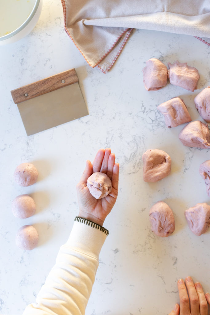 Hand shaping Purple Sweet Potato Dinner Rolls